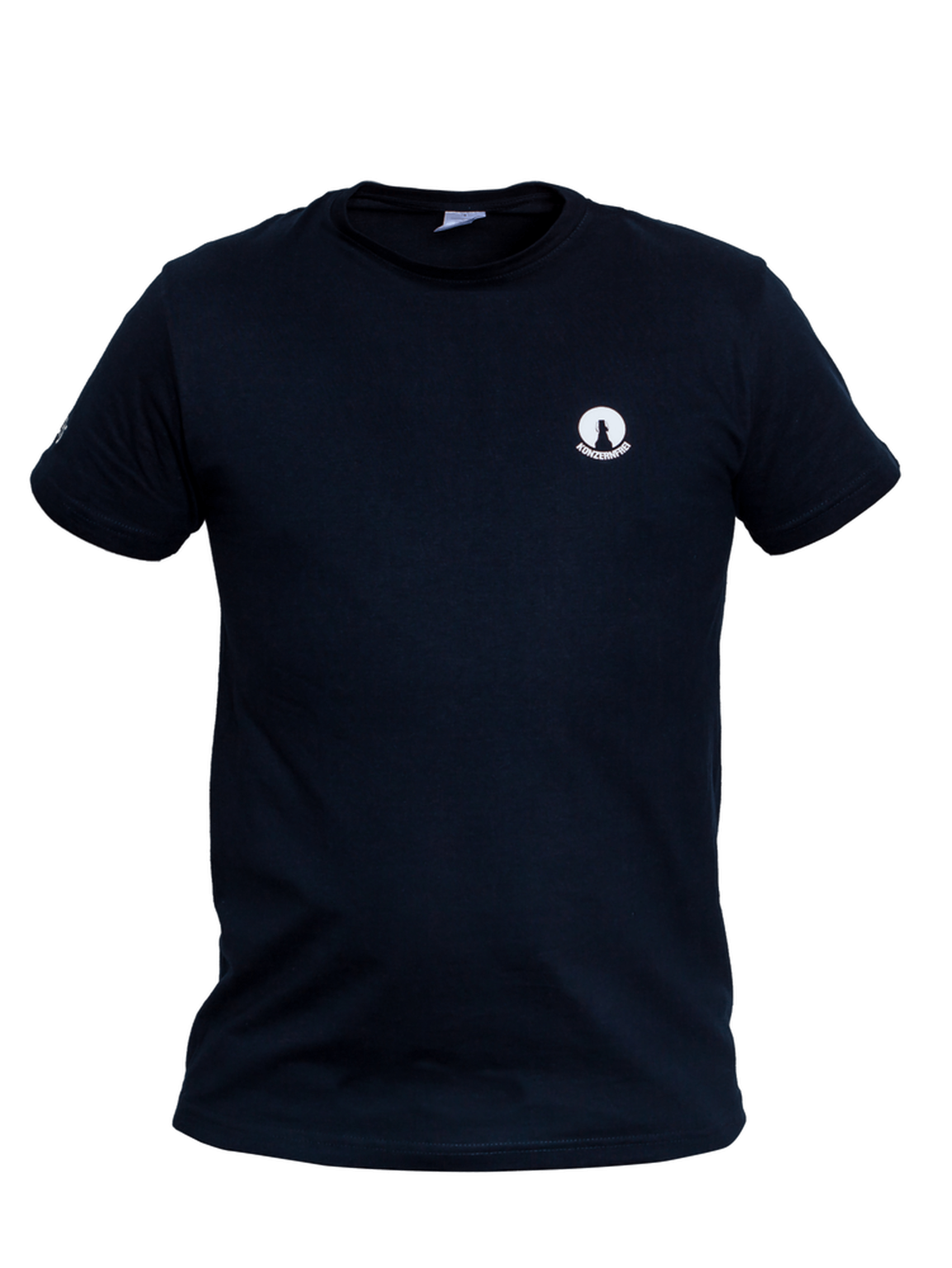 Dunkelblaues T-Shirt mit kleinem weißen Nordlicht-Logo und dem Schriftzug "KONZERNFREI" auf der linken Brust.