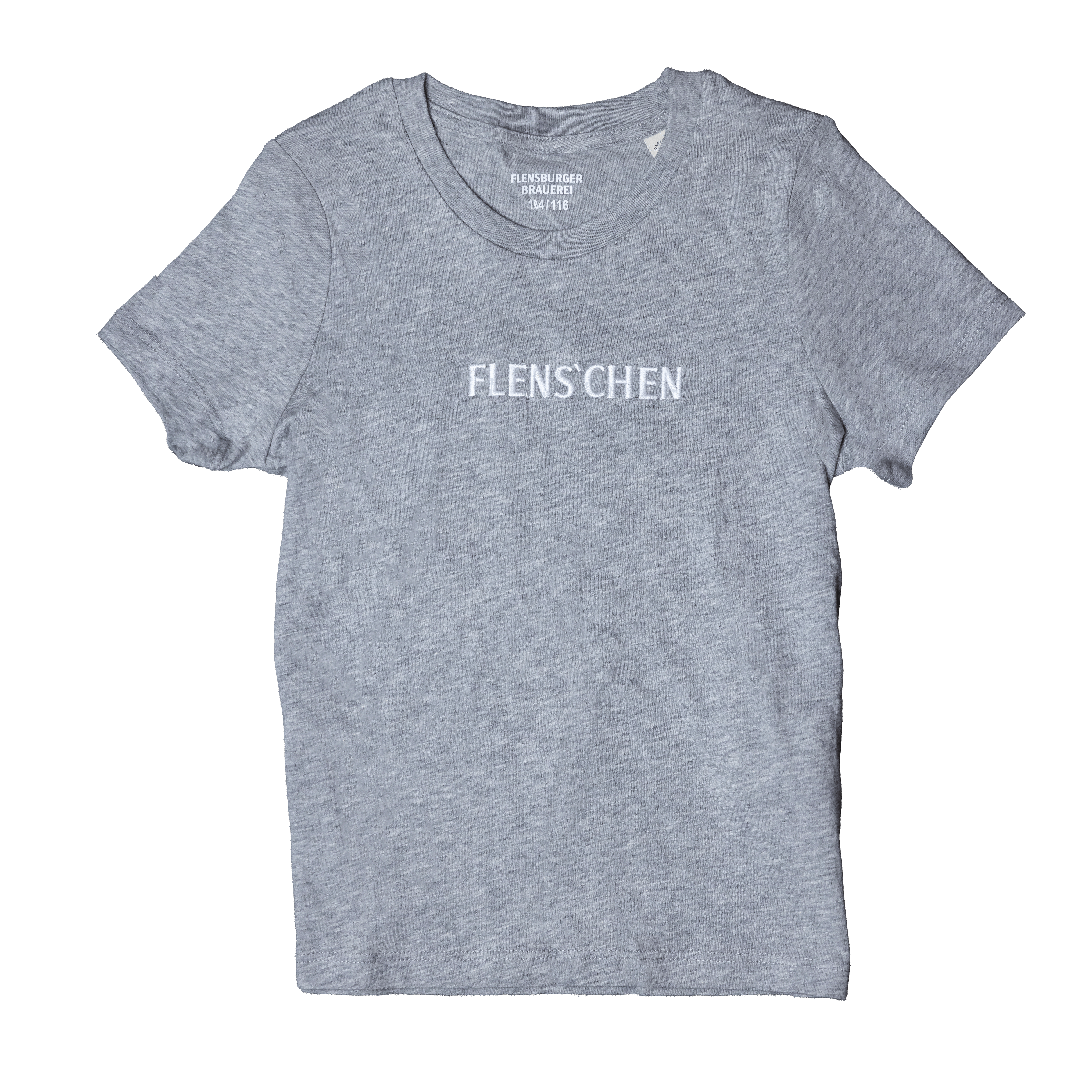 Graues T-Shirt aus 100 % Bio-Baumwolle mit weißem Stick Schriftzug „FLENS’CHEN“ mittig auf der Vorderseite.